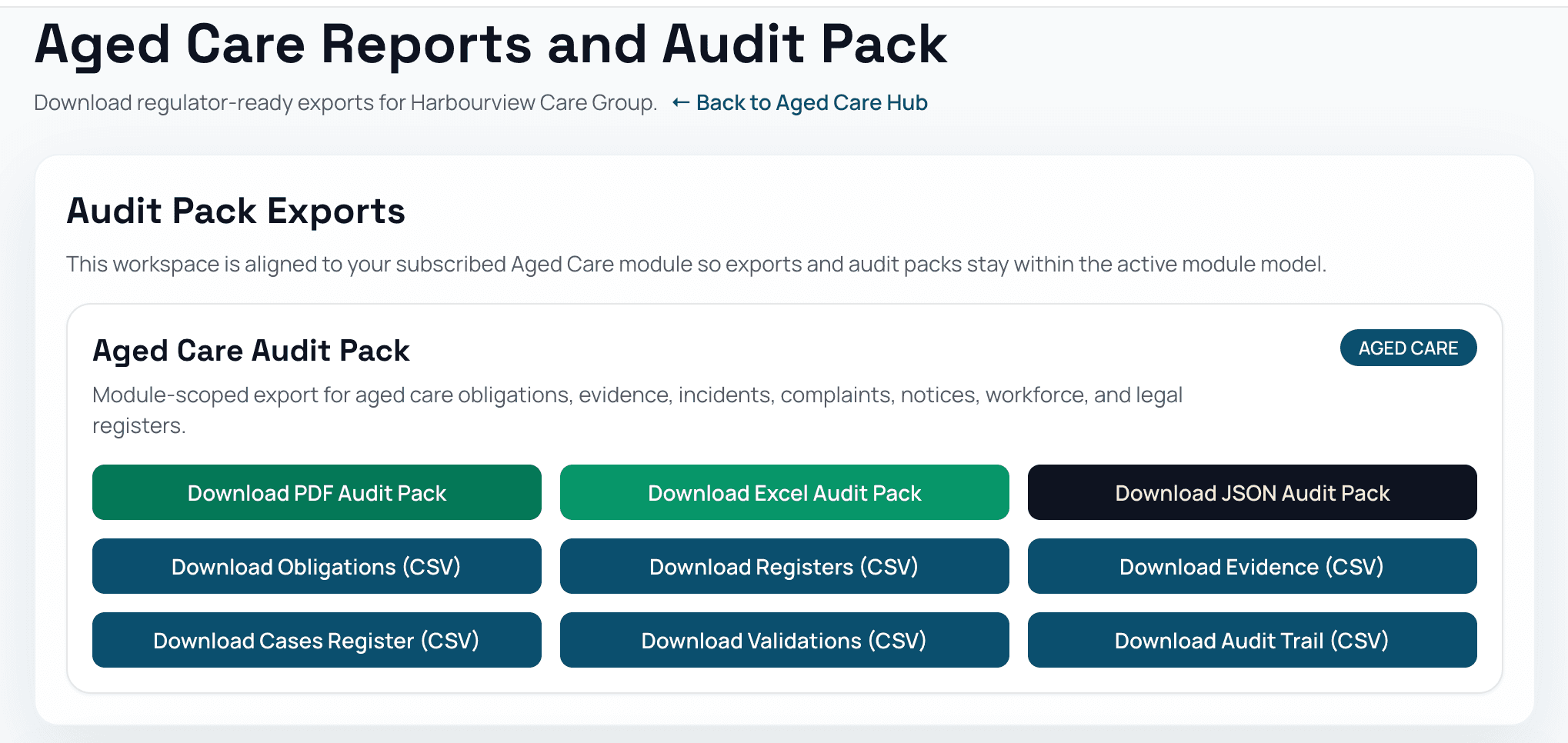 Aged care reports and audit pack view with export options