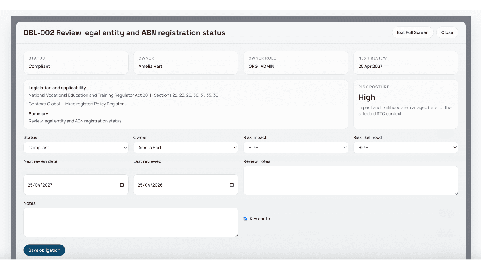RTO obligation detail modal showing status, owner, risk posture, dates and notes